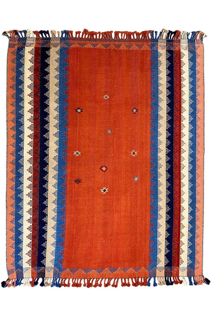 Rug with an orange center stripe, blue lines, and multicolored fringes