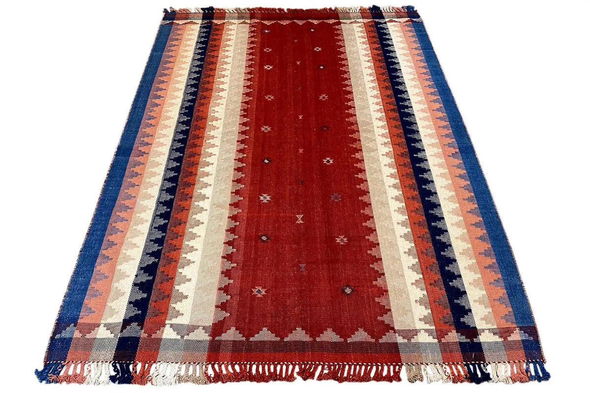 Flat-woven Oriental rug in red, beige and blue with stripes and fringed edges