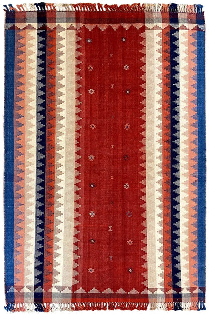 Oriental rug with red, beige, and blue stripes, fringes along the edges
