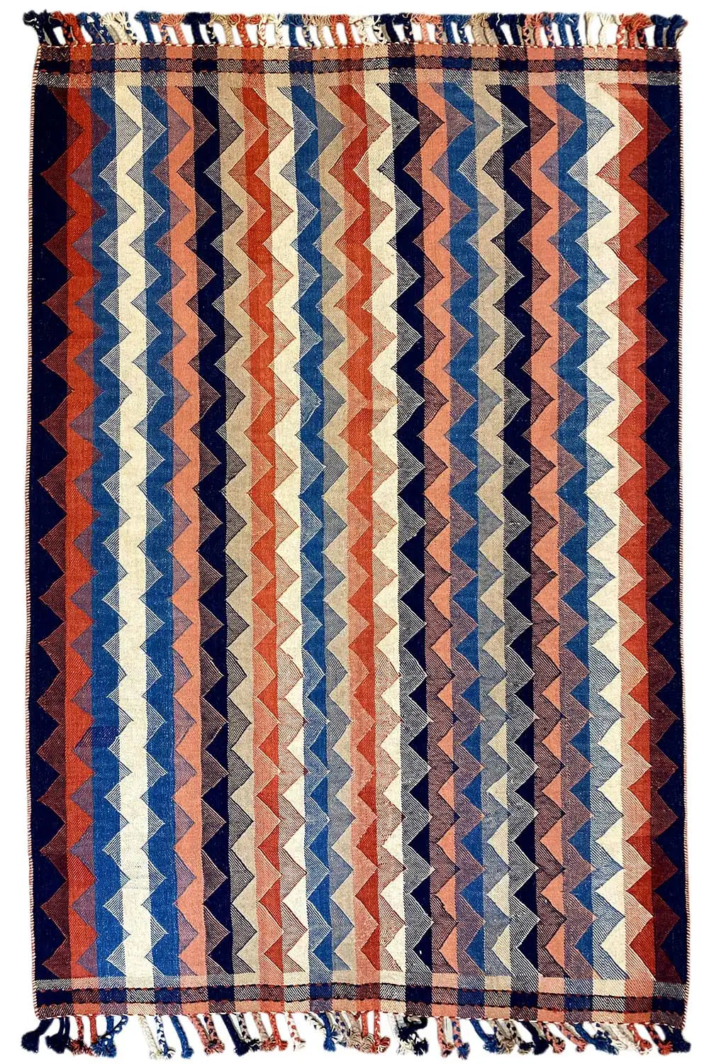 Rug with a blue, red, and beige zigzag pattern, with fringes, 219x141 cm