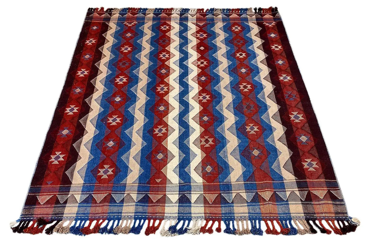 Jajim exclusive rug 207x177 cm with a zigzag pattern in red, blue and beige, fringes