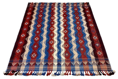 Jajim exclusive rug 207x177 cm with a zigzag pattern in red, blue and beige, fringes