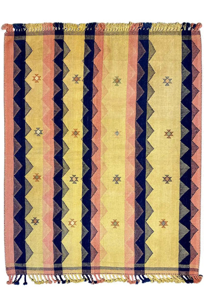 Rug 217x172 cm with zigzag stripes in blue, yellow, and terracotta, with fringes