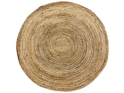 Beige, round jute rug with a spiral ring pattern, viewed from above