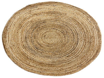 Beige, round jute rug with a spiral-ring pattern and flat-woven surface