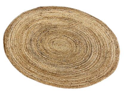 Beige, round jute rug with an even spiral ring pattern