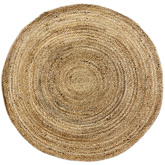 Beige, round jute rug with a spiral ring pattern and handwoven look
