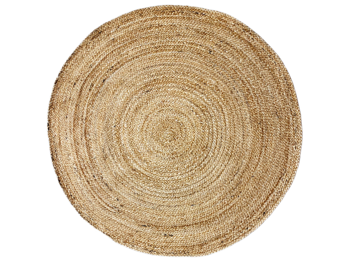 Round jute rug 120x120 cm, natural beige, with a dense spiral weave pattern