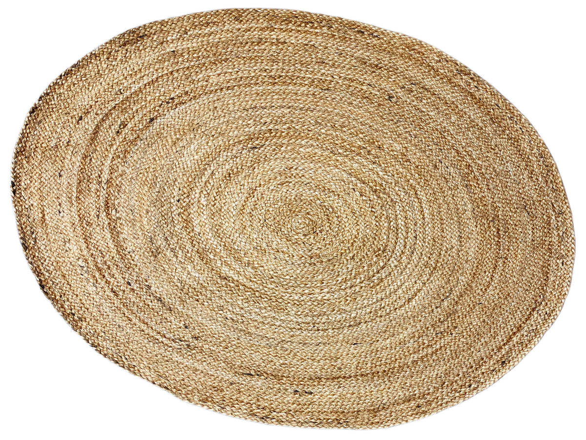 Round jute rug 120x120 cm, natural braided texture with spiral accents in the center