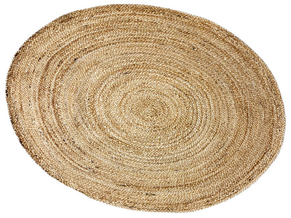 Round jute rug 120x120 cm, natural braided texture with spiral accents in the center