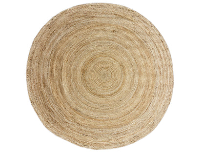 Round jute rug in natural tones with a concentric spiral design