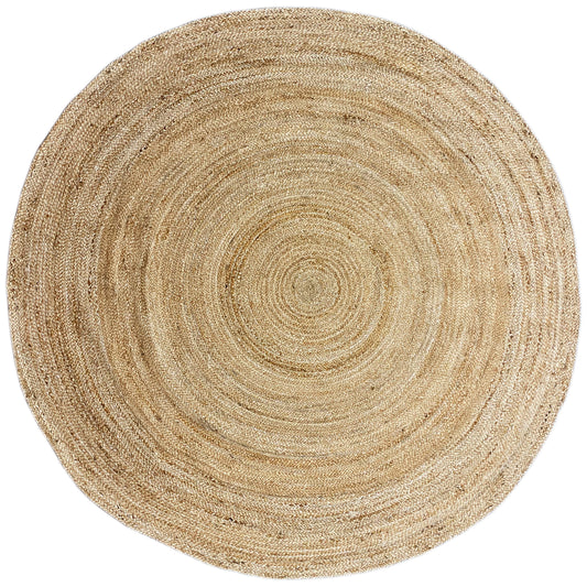 Round jute rug with concentric circles in natural beige