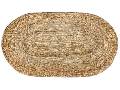 Oval jute rug, natural fiber surface with a clear spiral contour and woven pattern.