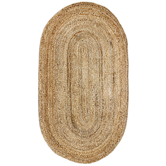 Jute rug in a natural tone, oval-shaped, with a twisted-line design.