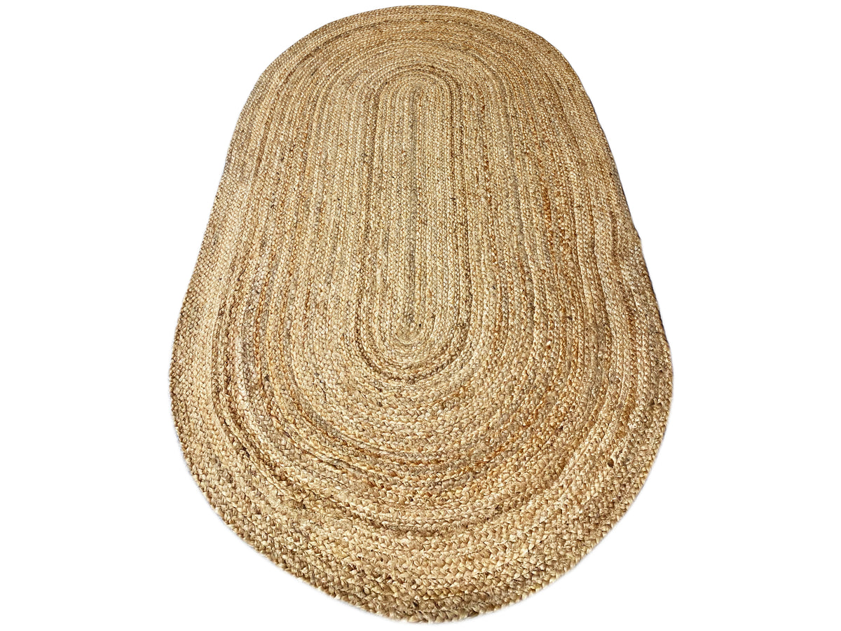 Jute rug 80x150 cm, oval jute rug with a spiral-shaped center