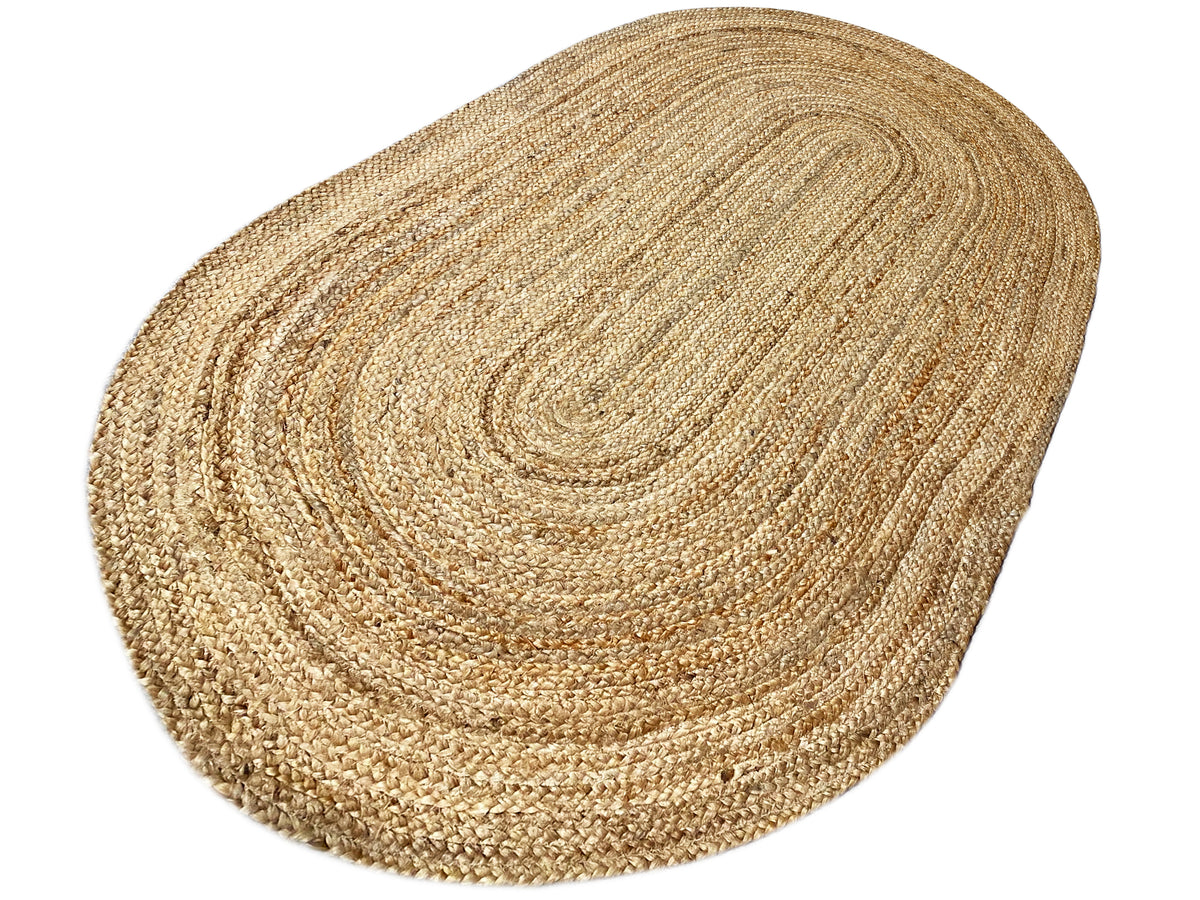Jute rug 80x150 cm, oval rug with a circular spiral pattern