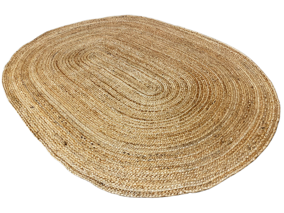 Oval jute rug, natural beige spiral pattern, flat and tightly woven