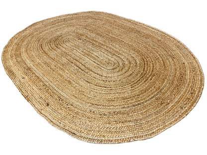 Oval jute rug, natural beige spiral pattern, flat and tightly woven