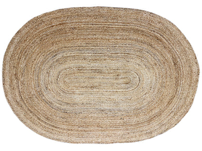 Oval jute rug: fine linear pattern with a spiral effect, natural