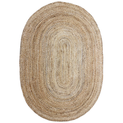 Jute rug, oval woven rug with a spiral design in natural tones