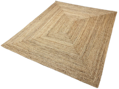 Rectangular jute rug with a geometric square pattern in natural beige, flat-woven.