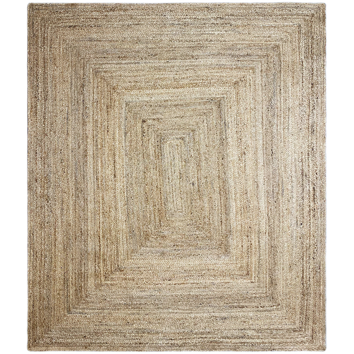Jute rug with a square geometric pattern, natural beige, framed look.