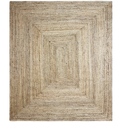 Jute rug with a square geometric pattern, natural beige, framed look.