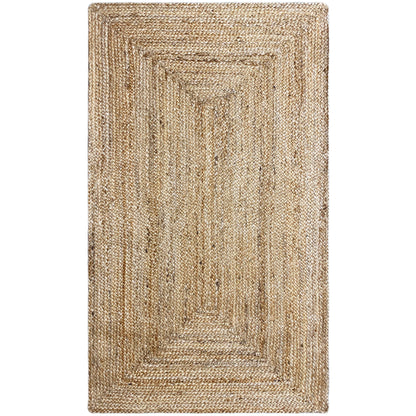 Jute rug in boho style, 80x150 cm, rectangular, beige flat weave with a linear border