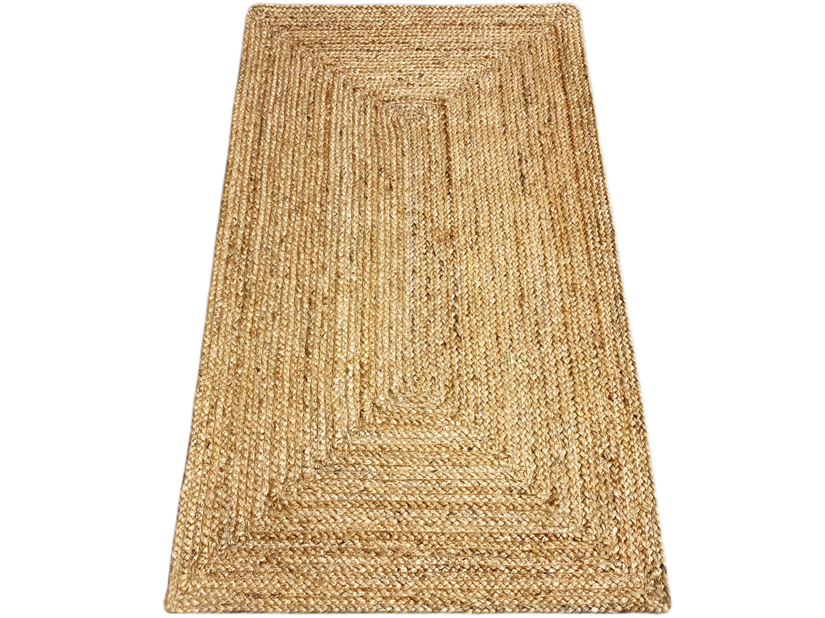 Beige rectangular jute rug with a subtle texture and ornamental pattern, 60x110 cm