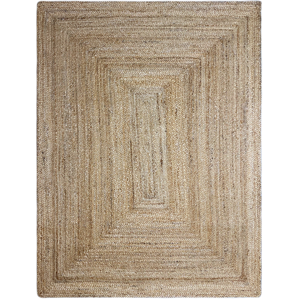 Natural-colored jute rug with a symmetrical square pattern and bound edge