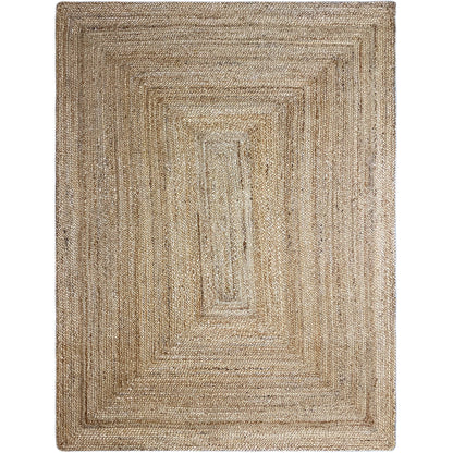 Natural-colored jute rug with a symmetrical square pattern and bound edge