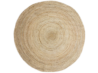 Round jute rug in a natural tone with an even spiral design