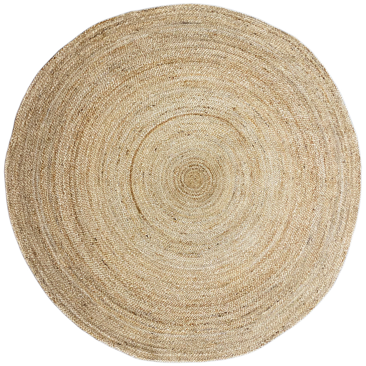 Round jute rug, natural-colored, with a spiral pattern