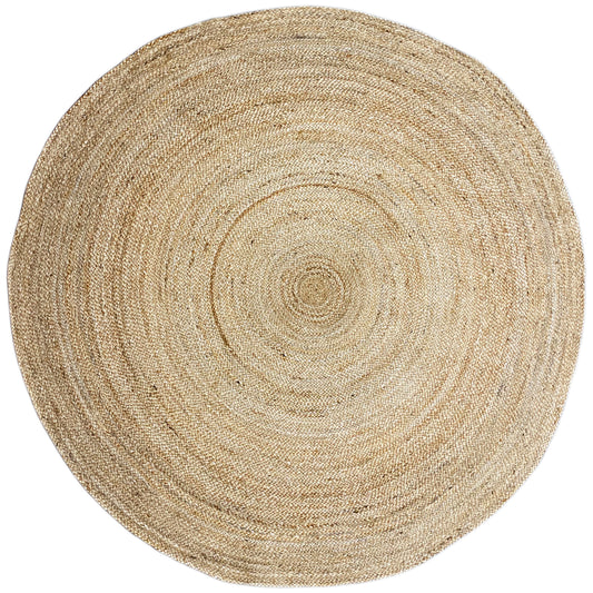 Round jute rug, natural-colored, with a spiral pattern