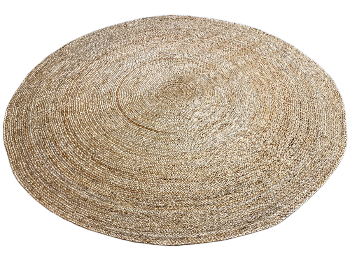Round jute rug, natural-colored, flat weave with a central spiral