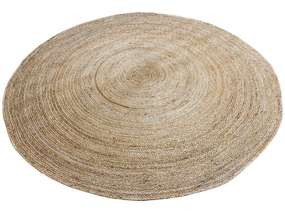 Round jute rug, natural-colored, flat weave with a central spiral