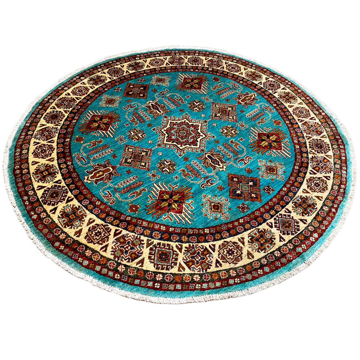 Round rug with a turquoise field and multicolored medallion design