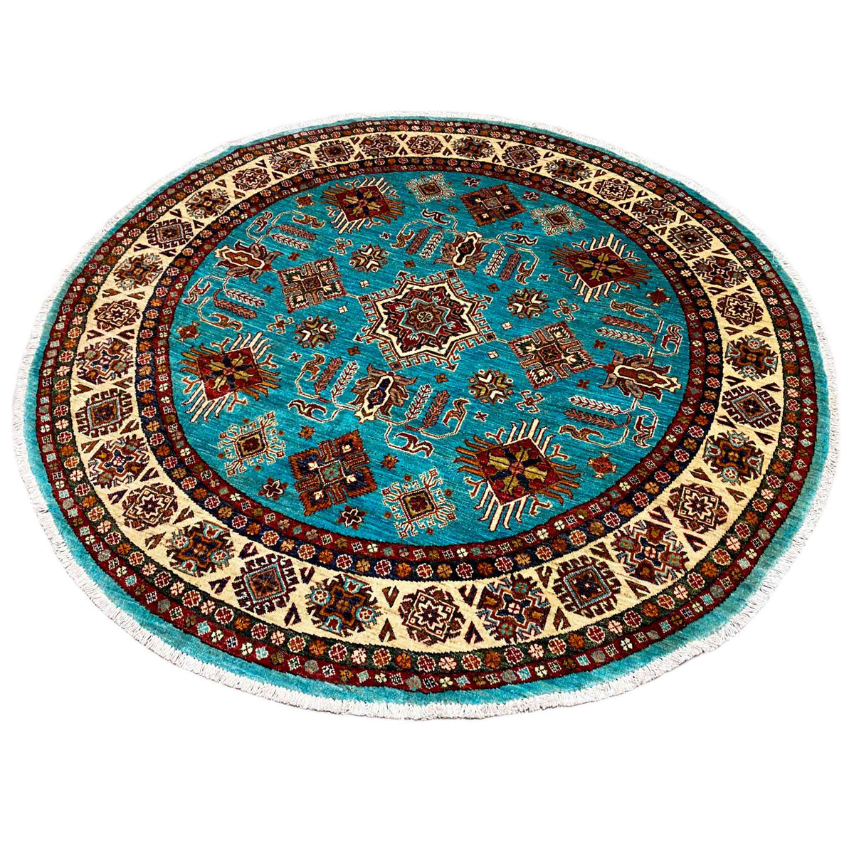 Round rug with a turquoise background, ornamental border, and clear detailed motifs