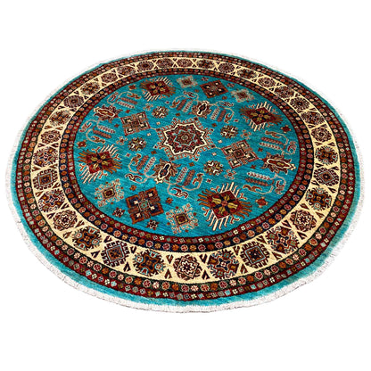 Round rug with a turquoise background, ornamental border, and clear detailed motifs