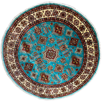 Turquoise round rug with Persian ornamental pattern, white border, 184×185 cm