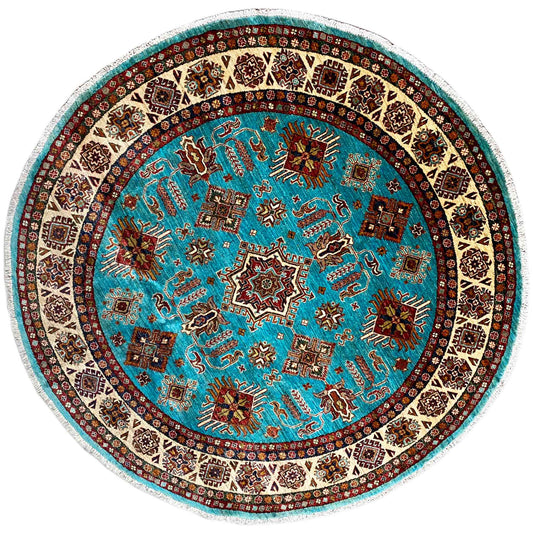 Turquoise round rug with Persian ornamental pattern, white border, 184×185 cm