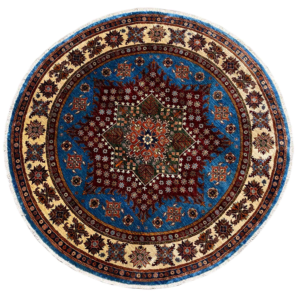 Round rug with a blue medallion and ornamental floral pattern, multicolored border