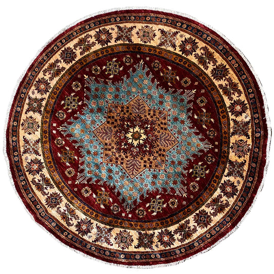 Round rug with a round medallion and multicolored ornamental design