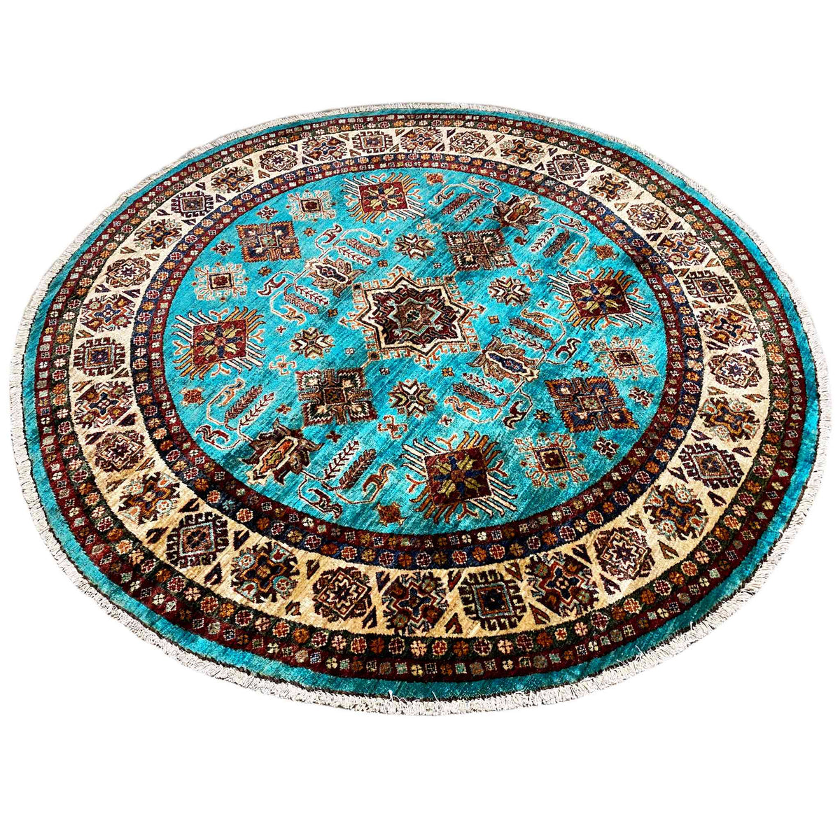 Round turquoise rug with a multicolored ornamental border and central star motif