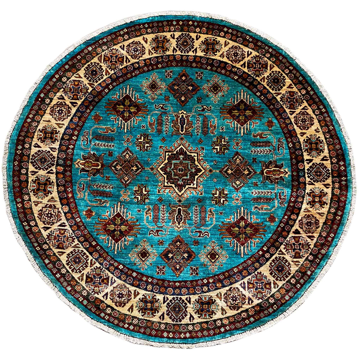 Round turquoise rug with an oriental pattern and beige border