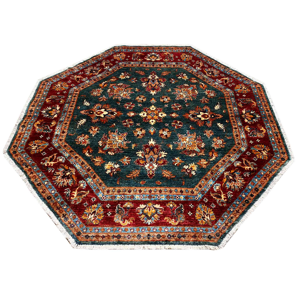 Octagonal rug with ornamental designs and a central motif in teal and red