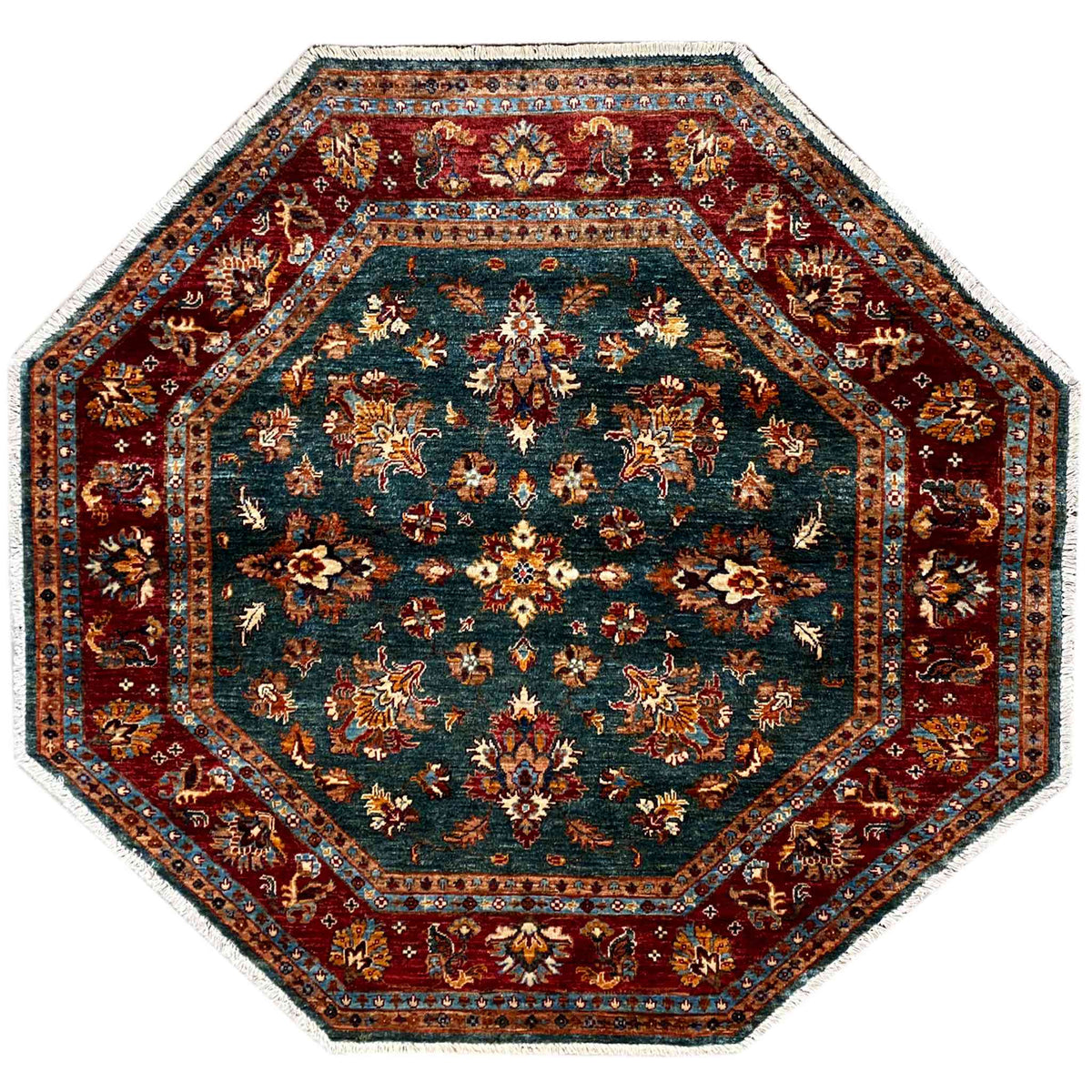 Octagonal rug with a floral Oriental pattern in teal, red, and gold