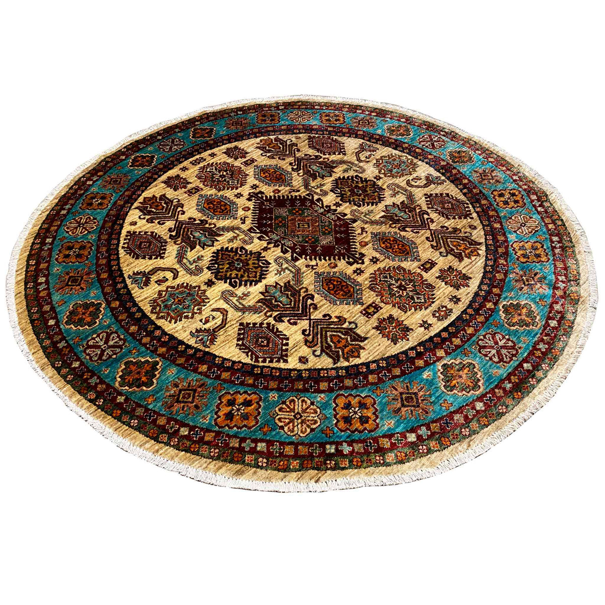Round rug with a central medallion and multicolored ornaments, cream-colored