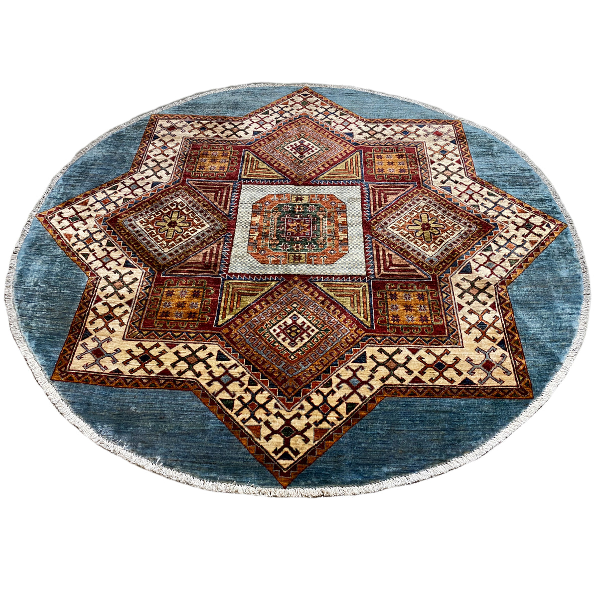 Round Moroccan rug with a multicolored star and beige-brown ornamental field, blue border