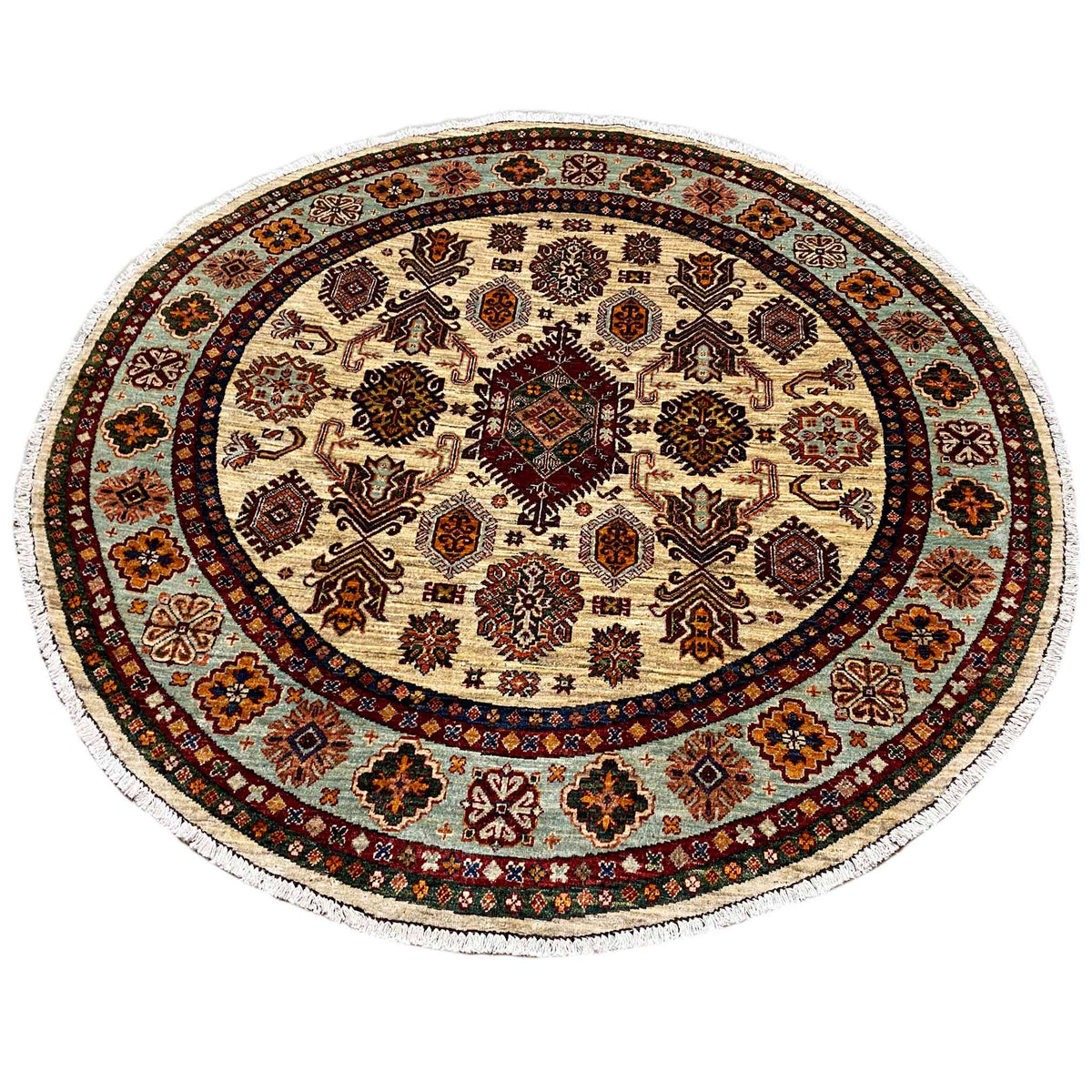 Round rug with a beige base, multicolored ornamental pattern, and colored border